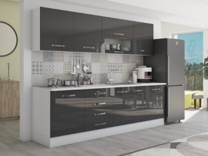 Bucatarie Alfa 260, Cu vitrina, Gri lucios, Blat termic alb - imagine 2