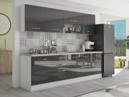 Bucatarie Alfa 260, Cu vitrina, Gri lucios, Blat termic travertin - imagine 5