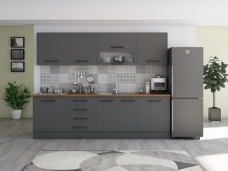 Bucatarie Alfa 260, Cu vitrina, Gri, Blat termic nuc