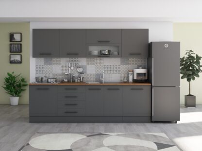 Bucatarie Alfa 260, Cu vitrina, Gri, Blat termic nuc