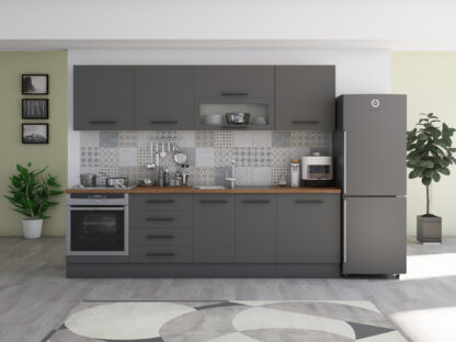 Bucatarie Alfa 260, Cu vitrina, Gri, Blat termic nuc - imagine 2