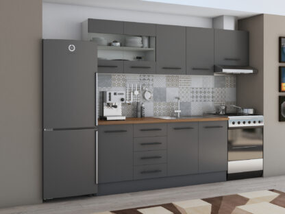 Bucatarie Alfa 240, Corp hota, Cu vitrina, Gri, Blat termic nuc - imagine 2