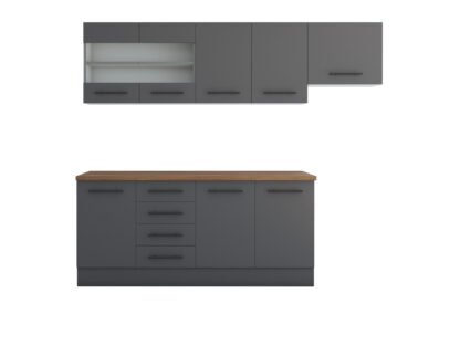 Bucatarie Alfa 240, Corp hota, Cu vitrina, Gri, Blat termic nuc - imagine 3