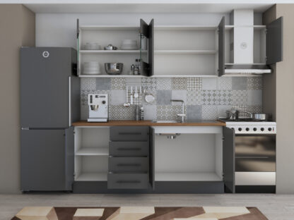 Bucatarie Alfa 240, Corp hota, Cu vitrina, Gri, Blat termic nuc - imagine 6
