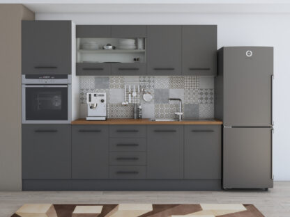 Bucatarie Alfa 240, Soldat, Cu vitrina, Gri, Blat termic nuc - imagine 2
