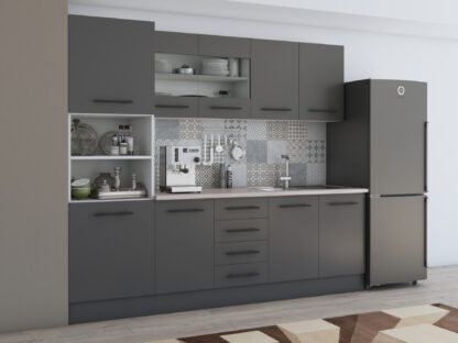 Bucatarie Alfa 240, Soldat, Cu vitrina, Gri, Blat termic nuc - imagine 3