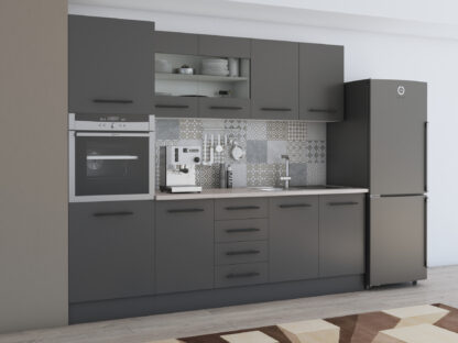 Bucatarie Alfa 240, Soldat, Cu vitrina, Gri, Blat termic nuc - imagine 4