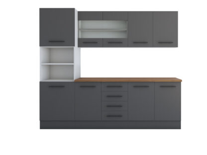 Bucatarie Alfa 240, Soldat, Cu vitrina, Gri, Blat termic nuc - imagine 5