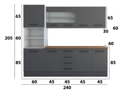 Bucatarie Alfa 240, Soldat, Cu vitrina, Gri, Blat termic nuc - imagine 6