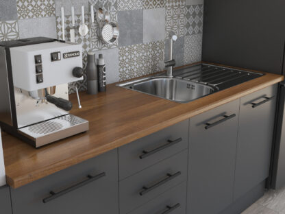 Bucatarie Alfa 240, Soldat, Cu vitrina, Gri, Blat termic nuc - imagine 7