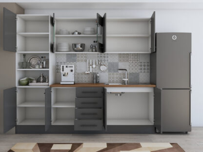 Bucatarie Alfa 240, Soldat, Cu vitrina, Gri, Blat termic nuc - imagine 8