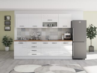 Bucatarie Alfa 260, Cu vitrina, Alb lucios, Blat termic nuc