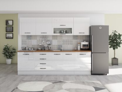 Bucatarie Alfa 260, Cu vitrina, Alb lucios, Blat termic nuc