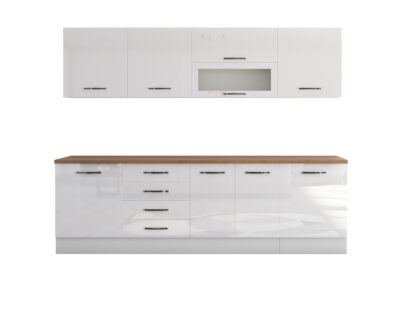 Bucatarie Alfa 260, Cu vitrina, Alb lucios, Blat termic nuc - imagine 2