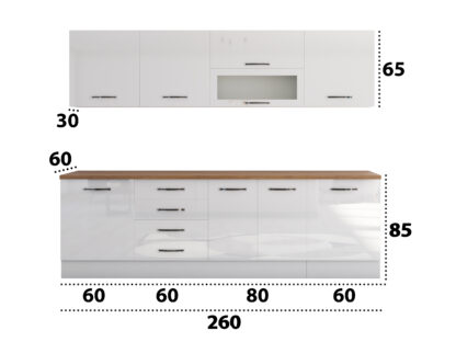 Bucatarie Alfa 260, Cu vitrina, Alb lucios, Blat termic nuc - imagine 3