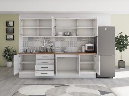Bucatarie Alfa 260, Cu vitrina, Alb lucios, Blat termic nuc - imagine 4