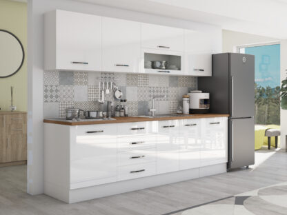 Bucatarie Alfa 260, Cu vitrina, Alb lucios, Blat termic nuc - imagine 5