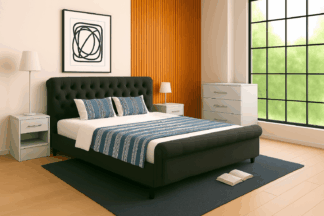 Pat 9036, 160x200, tapitat, Negru, cu 2 noptiere si comoda